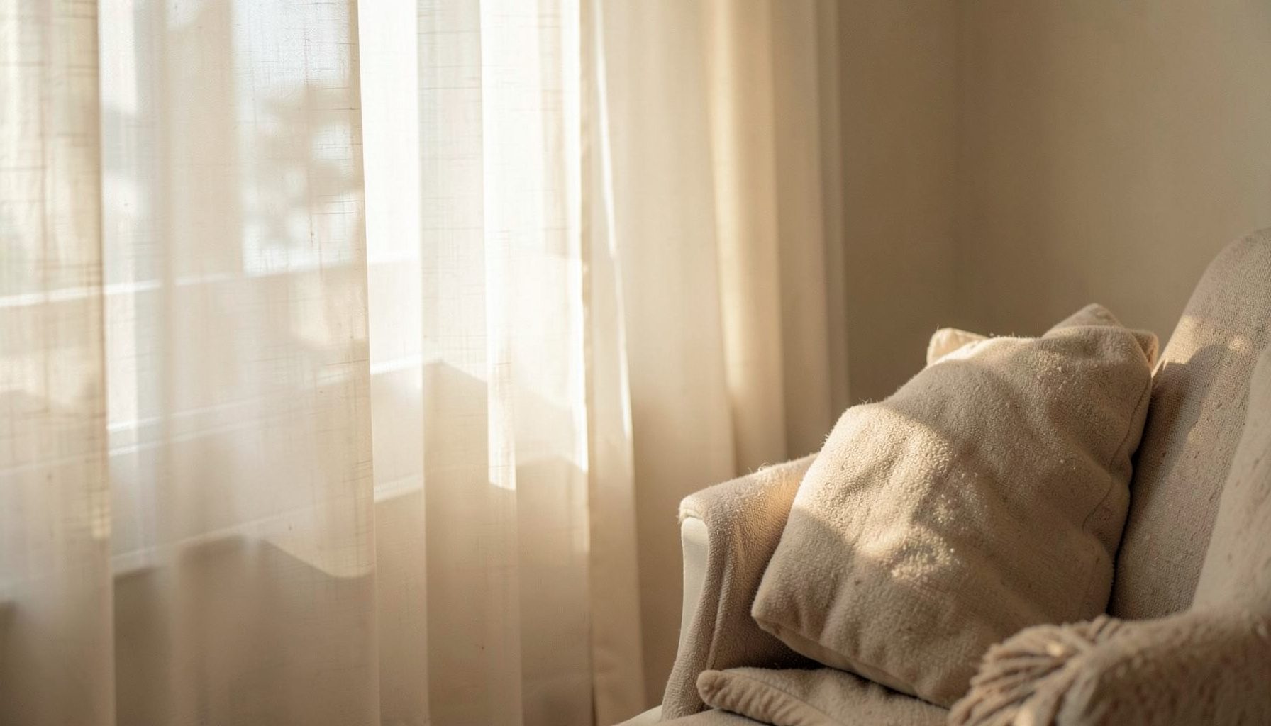 Gentle morning light filtering through sheer linen curtains onto a quiet reading nook, warm cream and soft beige tones, peaceful and understated.